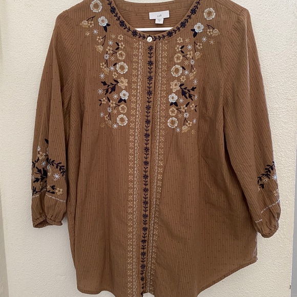 J. Jill Tops - J. Jill Embroidered Boho Blouse Size Medium Brown Floral Peasant Top